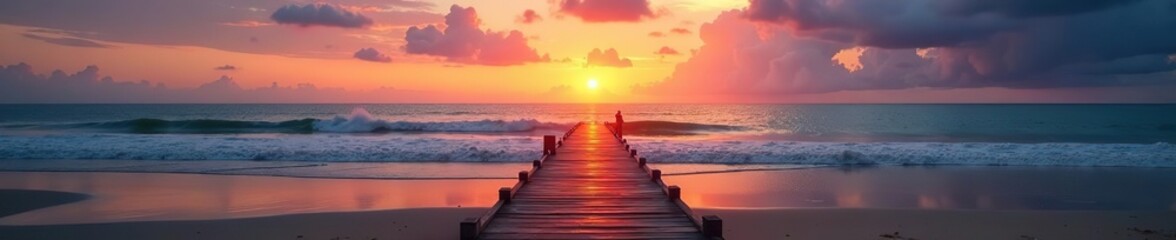 Fototapeta premium Sunset beach landscape featuring a peaceful wooden path leading to the sea, with the vibrant colors of the sky reflecting on the water in a serene setting, vibrant, landscape