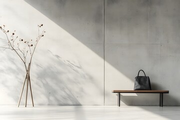 Modern Concrete Wall with Bench, Handbag, and Minimalist Floral Arrangement