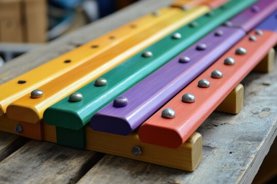 A cheerful children's music education group, colorful xylophones, singing, and a dynamic teacher fostering creativity