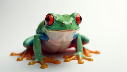 Obraz premium Single red-eyed tree frog on white, striking contrast, texture, animal, isolated