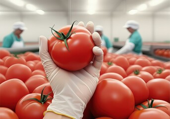 Fresh tomato held in gloved hand, surrounded by a sea of tomatoes