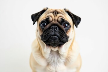 Obraz premium Solo pug on plain white backdrop, looking directly at camera , dog breed, canine