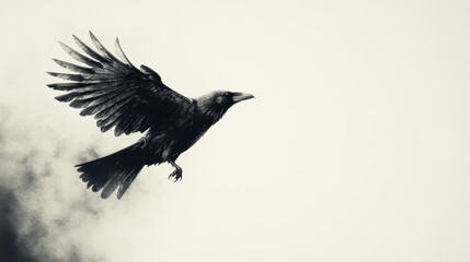 Majestic Raven in Flight Against a Serene Light Background, Symbolizing Freedom and Mystery in Nature