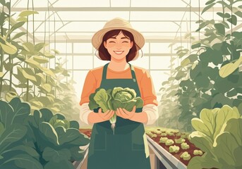 Obraz premium Smiling woman holding fresh lettuce in a greenhouse, showcasing sustainable farming