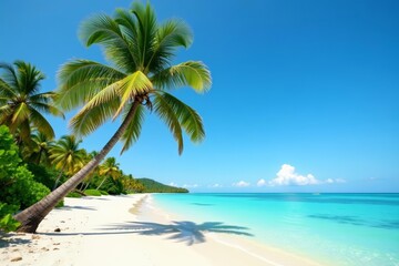 Sandy tropical beach with a single coconut palm tree under clear blue sky, tropical, tranquil, sand