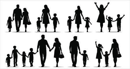 Silhouettes of happy family walking together holding hands vector design. Black silhouettes of parents and kids walking vector art. Father mother and children holding hands silhouettes vector