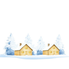 Fototapeta premium Two cozy houses nestled in snow, surrounded by tall evergreen trees under a clear blue sky, evoking a serene winter landscape. Perfect for holiday themes and cozy atmospheres.
