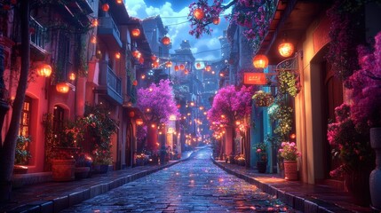 Charming street adorned with lanterns and vibrant flowers in a magical evening setting Generative AI