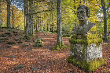 Fototapeta premium Bust statue surrounded by colorful autumn foliage in a serene forest setting
