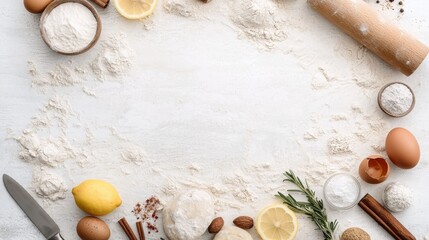 Baking ingredients preparation kitchen culinary setup cozy environment overhead view recipe essentials