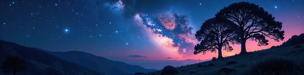 Fototapeta premium Surreal cosmic landscape with towering trees under a starry sky, foliage, otherworldly