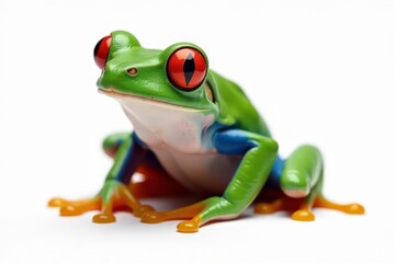 Naklejka premium Single vibrant red-eyed tree frog against pure white, white background, wildlife portrait, wildlife