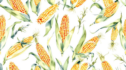 Seamless pattern with watercolor corn drawing illustration on white background © Paint