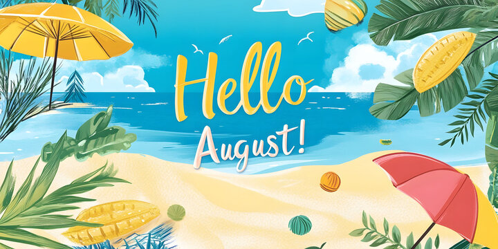 Hello August! A tropical beach scene with umbrellas, palm trees, and vibrant colors welcomes the month of August.
