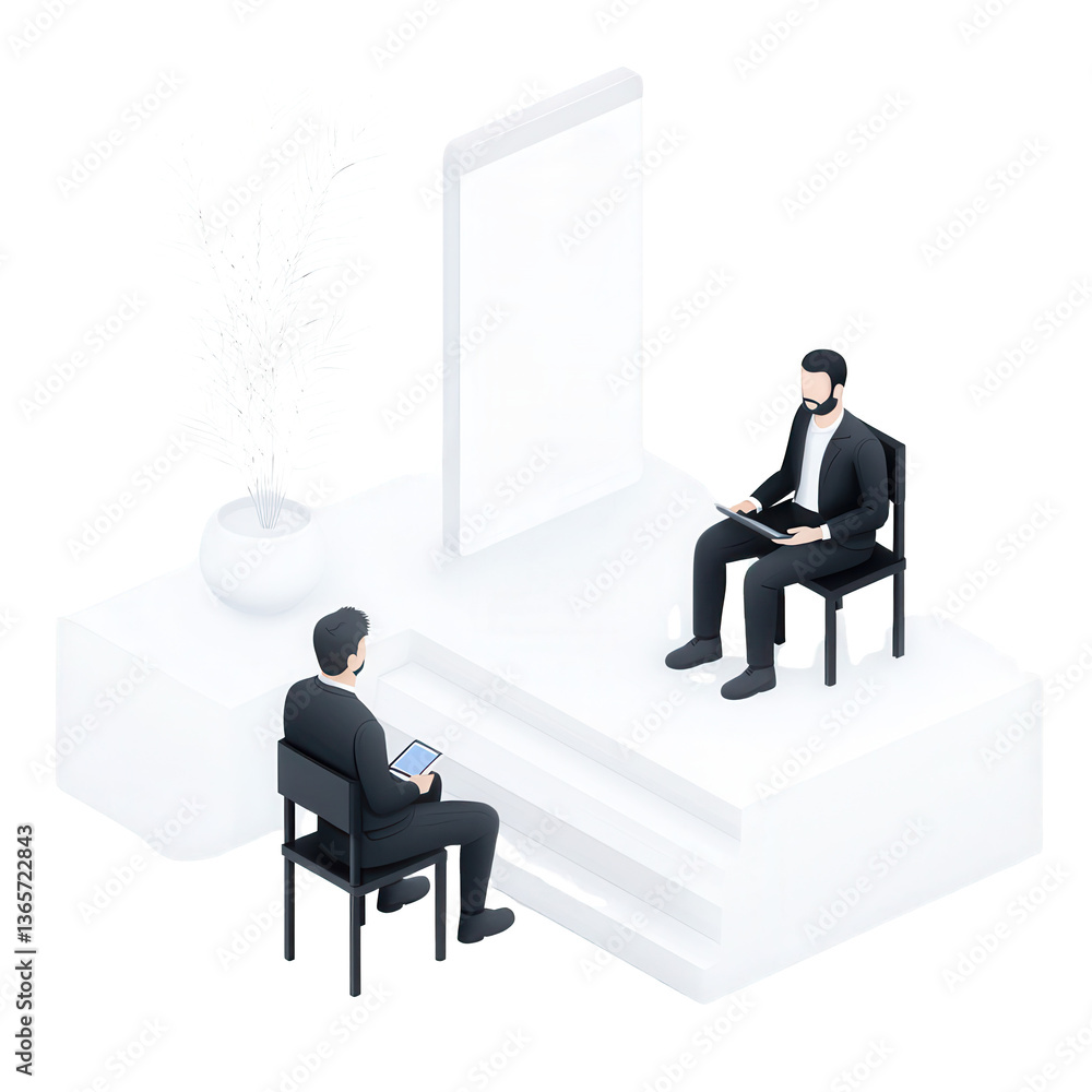 Poster two men engaging in a professional discussion in a modern setting with minimalistic decor and a larg