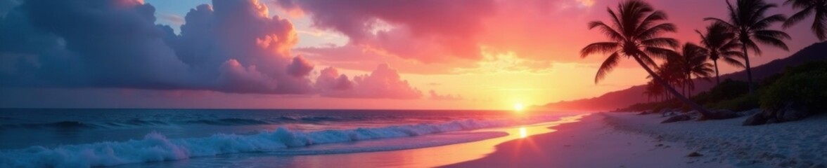 Fototapeta premium Beach at dusk with palm trees swaying in wind, wind, , sand