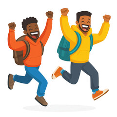 Two joyful friends celebrating together, wearing backpacks and colorful hoodies, jumping happily in unison against a white background.
