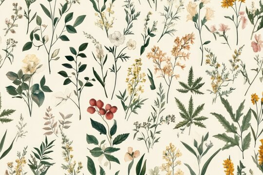 Seamless pattern background featuring a collection of vintage botanical illustrations with flowers and leaves in muted colors. MZ 