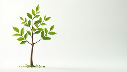 Single young tree, delicate leaves, white backdrop, botany, closeup, clean