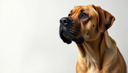 Fototapeta premium Strong mastiff, head tilted, pure white backdrop, canine, dog profile