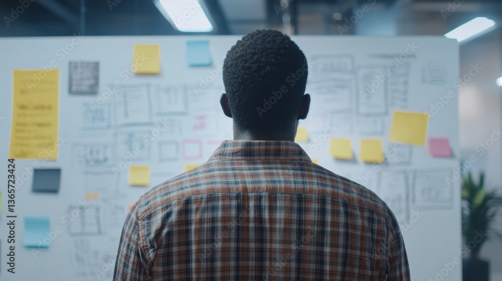 Poster a man stands in front of a whiteboard filled with notes and sketches, engaging in a brainstorming se