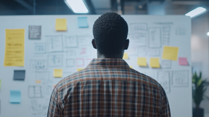 A man stands in front of a whiteboard filled with notes and sketches, engaging in a brainstorming session in a contemporary office environment, fostering creativity and collaboration.