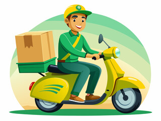 Young Delivery Driver on Scooter with Package Vector
