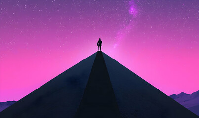 Person Standing on Pyramid Under Purple Sky with Stars