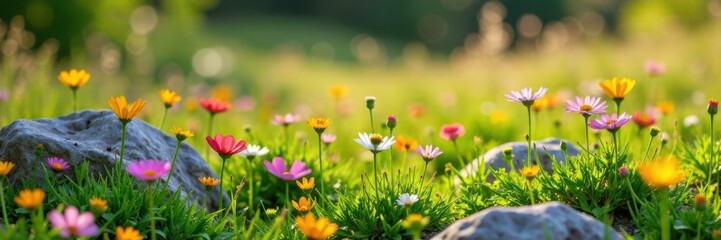 Fototapeta premium Blooming wildflowers in a meadow amidst tall grasses and stones, meadow, landscape