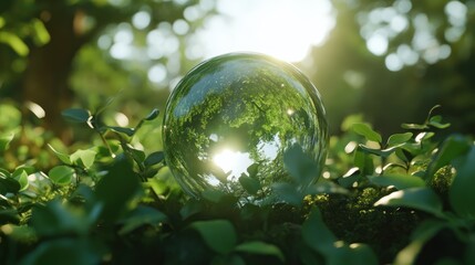 A glass sphere reflects a forest scene with vibrant foliage and sunlight