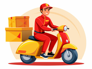 Young Delivery Driver on Scooter with Package Vector