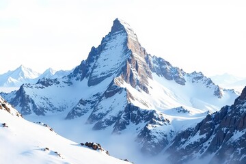 Obraz premium Snow-covered mountain peak against a stark white sky, cold, snow