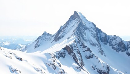 Fototapeta premium Snow covered mountain peak, sharp contrast against bright white sky, travel, scenic view, untamed