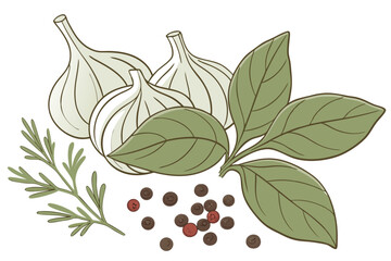 31 Fresh garlic bulbs, vibrant green basil leaves, aromatic herbs, culinary ingredients, white background, high-contrast, macro photography, food styling, clean composition, gourmet cooking, Italian c