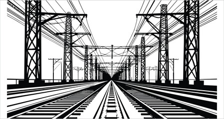 Black and white railway tracks with electric poles vector design. High-contrast railway tracks and power lines silhouettes vector. Silhouette train tracks and utility poles vector