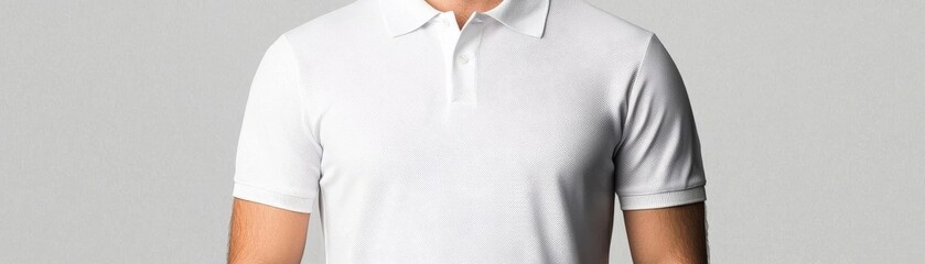 A man in a plain white polo shirt stands confidently against a neutral backdrop.