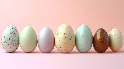 row of artistically painted eggs in various colors and patterns, placed against a soft pastel peach background