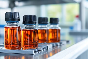Amber Liquid in Glass Bottles on Conveyor Belt in a Laboratory