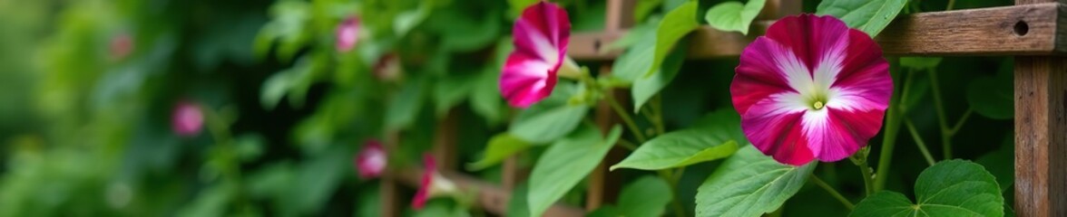 Star-shaped flowers of Ipomoea tricolor morning glory blooming on a wooden trellis surrounded by lush greenery,  nature,  morning glory