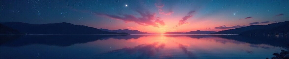 Fototapeta premium Stars reflected in the tranquil waters of the archipelago at sunset, creating a mesmerizing and dreamy atmosphere, celestial, ocean