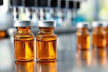 Amber Glass Vials of Liquid Medicine on Metal Surface in Pharmaceutical Facility