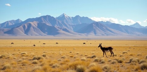Steppe landscape at Paso Hondo in Parque Nacional Patagonia, Chile with vicunas grazing in background,  Parque Nacional Patagonia,  peaceful