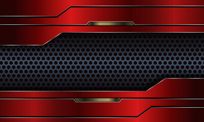 Modern red Metallic Grid Background. A futuristic design with horizontal red metallic panels and a dark hexagonal mesh center, combining sleek lines and geometric patterns.