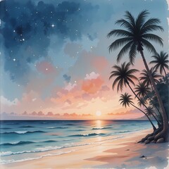 Fototapeta premium Tropical Sunset Beach Scene, Palm trees, sunset, ocean, beach, stars