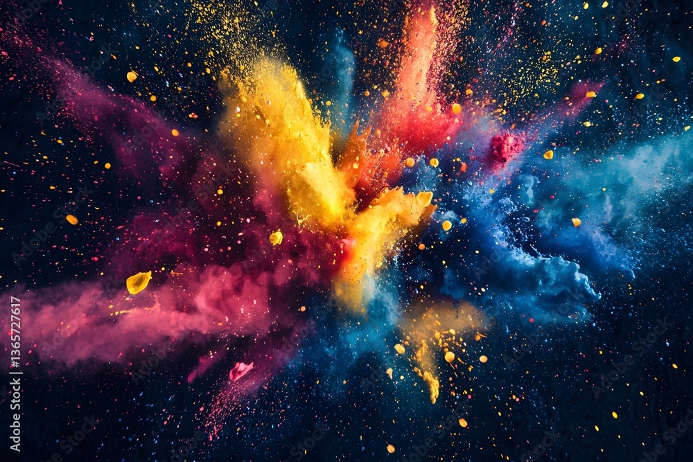 Poster vibrant explosion of colored powder creating an artistic display against a dark background