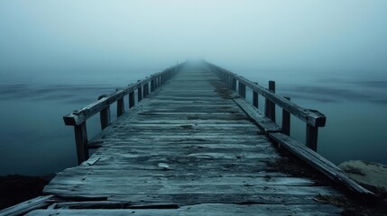 Obraz premium Foggy Wooden Pier Extends to Horizon, Tranquil Landscape, Atmospheric
