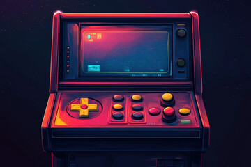 Retro gaming console with vibrant colors and a cosmic background highlighting a nostalgic arcade experience