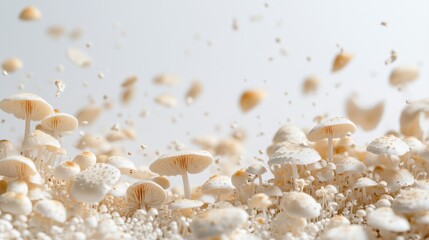Fototapeta premium A Beautiful Background of White Mushrooms Growing on a Surface with Delicate Spore Release and Soft Lighting