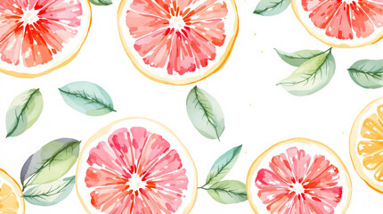 Citrus watercolor Pattern with Oranges and Leaves on White Background	