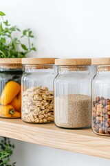 Organized pantry shelf with glass jars of quinoa, cashews, peppers, and nuts.